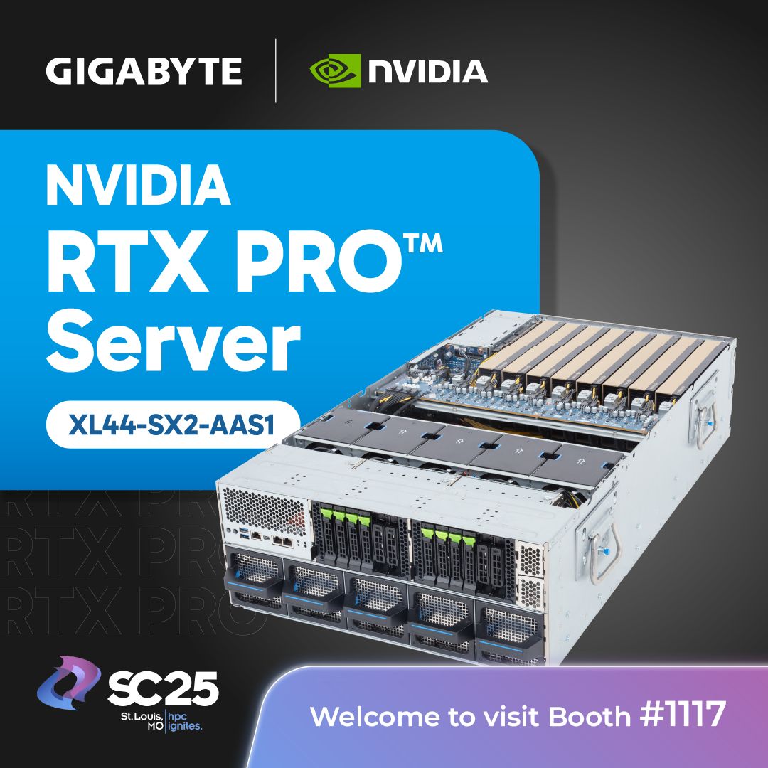 GigaComputing's tweet image. ⚡ See the future of visualization and AI at SC25!

The GIGABYTE XL44-SX2, accelerated by 8 NVIDIA RTX PRO™ 6000 Blackwell Server Edition GPUs, NVIDIA BlueField®-3 DPU, and NVIDIA ConnectX®-8 SuperNIC, is built for the next generation of professional AI, rendering, and compute.…