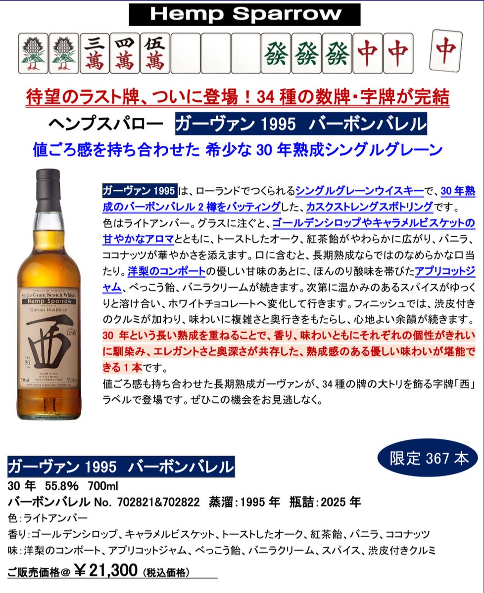 抽選完了のご連絡】 ヘンプスパロー ガーヴァン1995 バーボンバレル