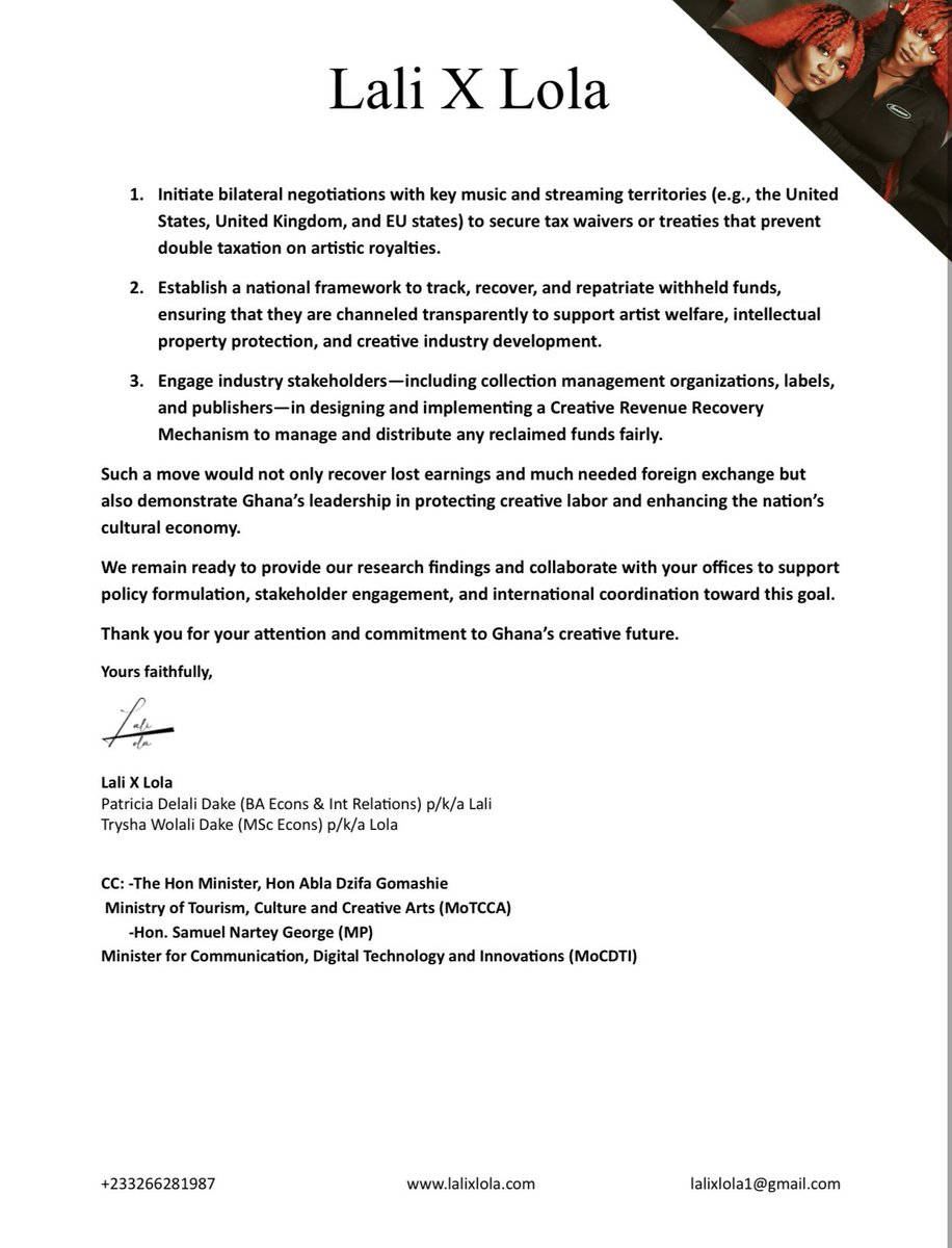 🚨We’ve officially submitted a formal request to the Minister of Finance/parliament calling for Ghana to negotiate tax treaties that protect our artists’ international royalties.