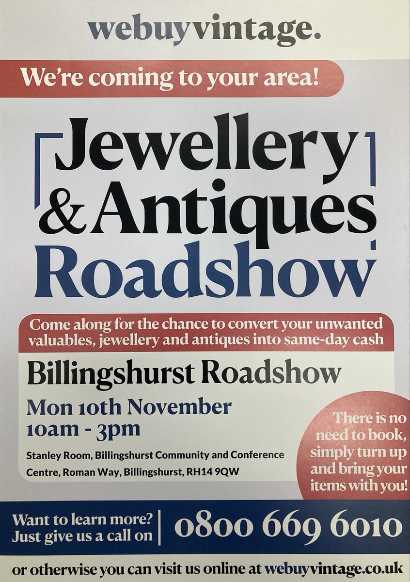 Don’t let the rain put you off! 💧 The Jewellery &amp; Antiques Roadshow is on TODAY at Billingshurst Community Centre, 10am–3pm. No booking needed—just pop in, stay dry, and see what your treasures are worth. #Billingshurst #Antiques #RainyDayWin