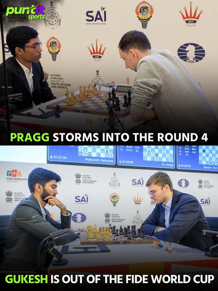 PuntitSports's tweet photo. A tale of two results at the FIDE World Cup 2025 ♟️
Praggnanandhaa powers into Round 4, while World Champion Gukesh faces an early exit
.
.
#FIDEWorldCup2025 #Praggnanandhaa #Gukesh #IndianChess #ChessIndia #ChessMasters #Goa2025 #MindGame https://t.co/BZAKyVhRko