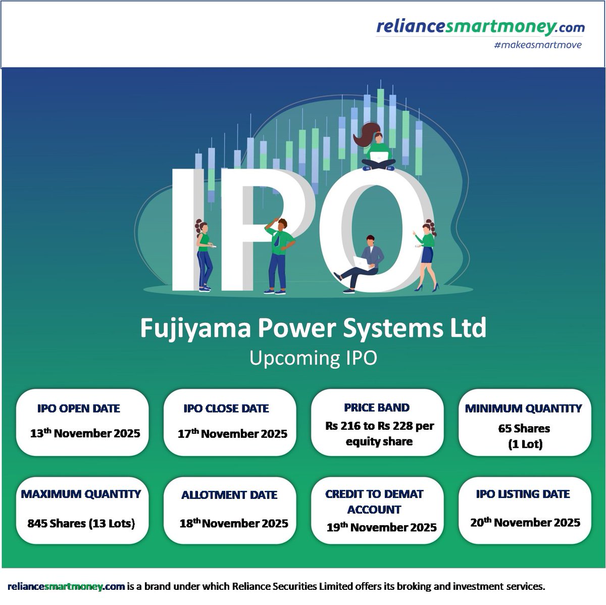 Indusindsec's tweet image. The upcoming IPO of Fujiyama  Power Systems Limited goes live on 13th November 2025 - don't miss this opportunity to invest smart with Reliance Smart Money!