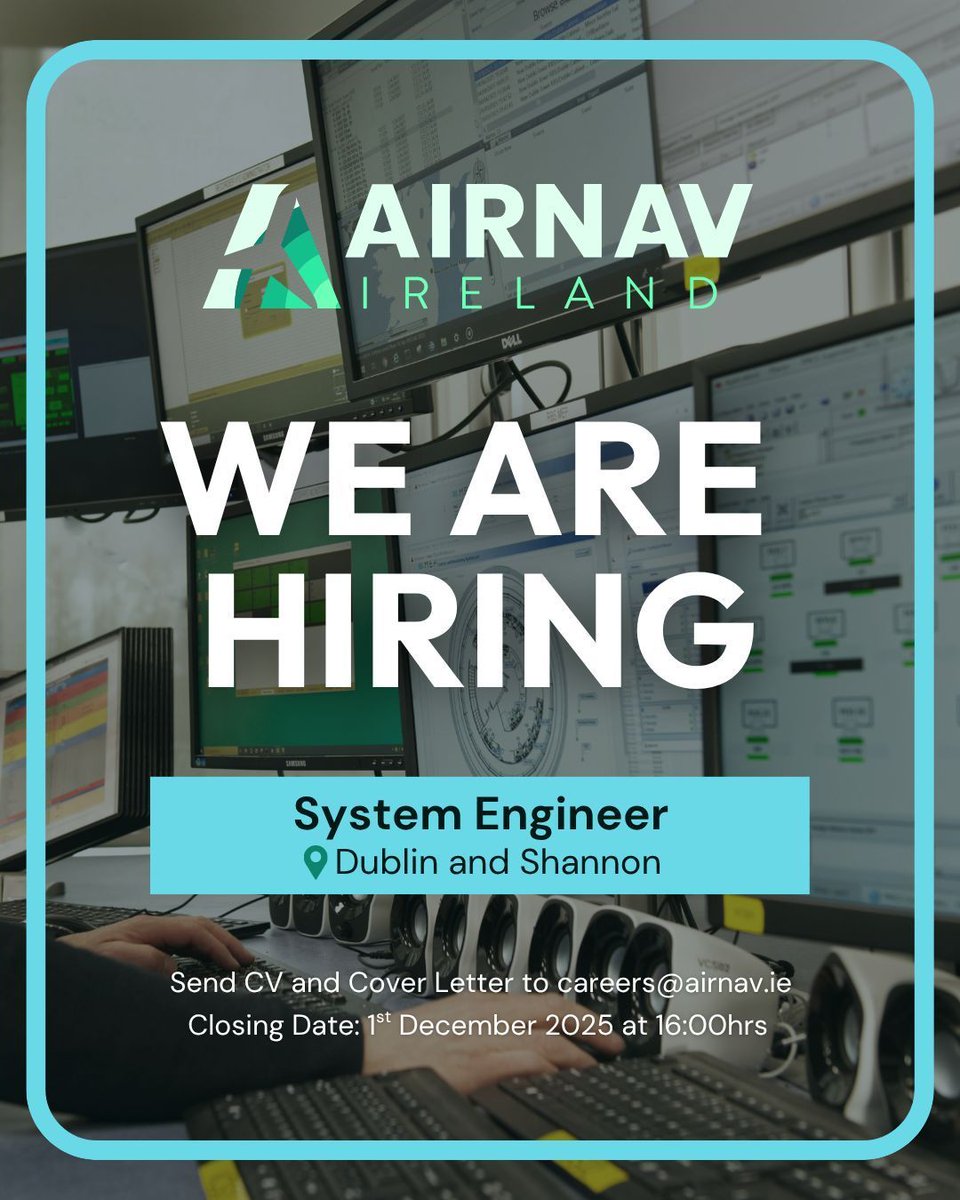We are #hiring! 📣 Become an #ATSEP

AirNav Ireland are Systems Engineers - Full competency training provided

📍Dublin &amp; Shannon
🎓 Relevant technical degree, e.g. electrical engineering, mechanical engineering, computer science, telecommunications etc. 
🗓️ Apply by Monday 1st