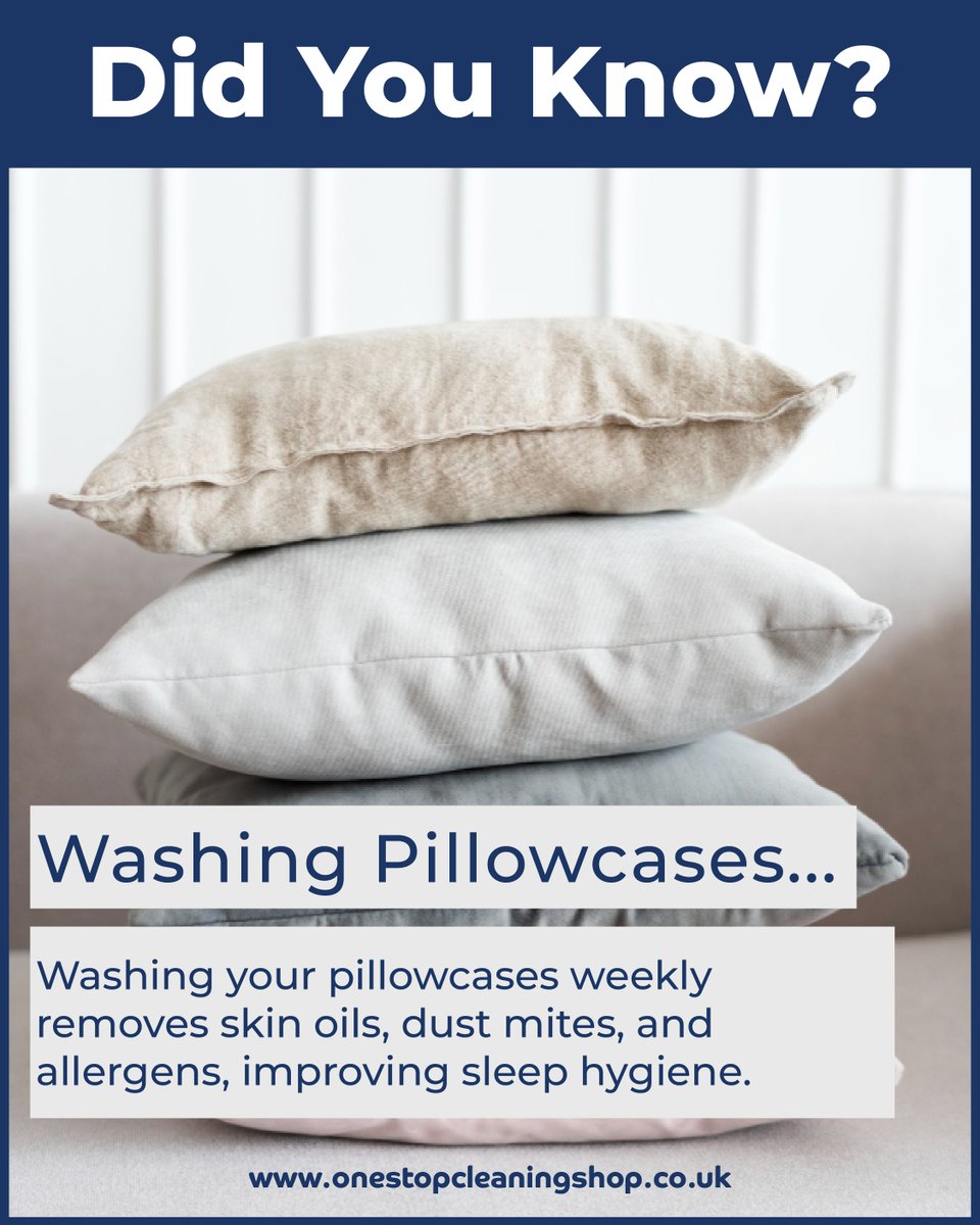 OSCSuk's tweet image. 📢DidYouKnow?

Washing Pillowcases... 🛏

Washing your pillowcases weekly removes skin oils, dust mites, and allergens, improving sleep hygiene. 😴

#didyouknow #cleaning #business #ecofriendly #pillowcases #skinoils #dustmites #allergens #improve #sleep #hygiene #washing