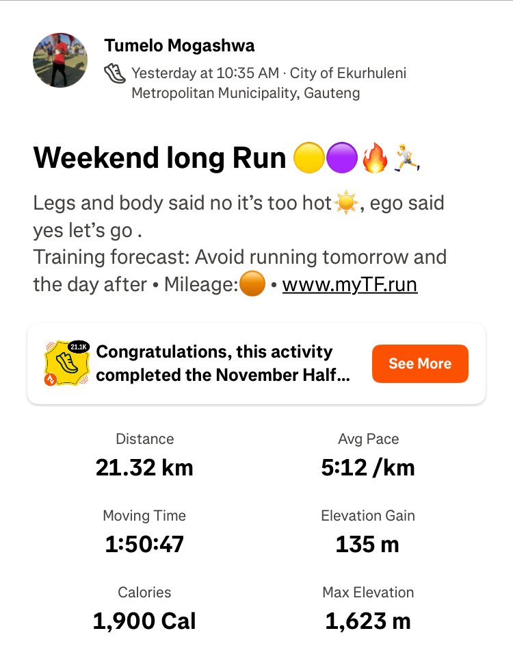 Tumelo_Chonco's tweet photo. My weekend Long run βοΈπͺπͺπͺ #Running4MentalHealth #HAC #purplegang #RunningAt40 road to #RAC Tough one https://t.co/u6w9MlE0uy