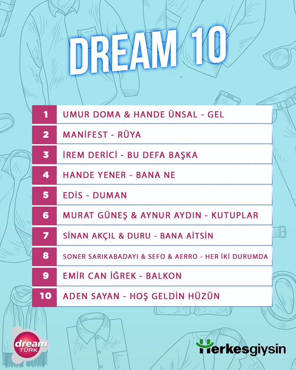 İzleyicilerimizin isteklerinden oluşan ''Dream10'' listemiz bu hafta birbirinden çarpıcı şarkılar ile dolu… 😍

Dinlerken keyif aldığın 10 özel şarkı işte tam burada!

Onur Kırış’ın sunumuyla #Dream10 her gün 12.00 ve 19.00'da #DreamTürk'te! ❤️