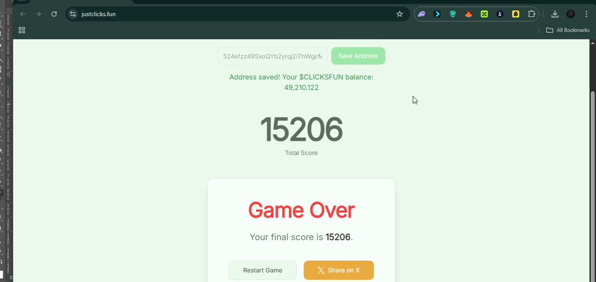 Thee_vine_eee's tweet image. I scored 15206 points in justclicks.fun! 🟢
Can you beat me? 😎

AQqoAnoVQhLJ3bzsK5ED6mHashwdL6Pno7sjKv6Kpump

#JustProjectsFun #JustFun #JustClicksFun #ClicksFun #Memecoin #Crypto #PumpFun #Solana #REWARDS10112025 #HOLDERSCLICKSFUN justclicks.fun/?score=15206&amp;amp;a…