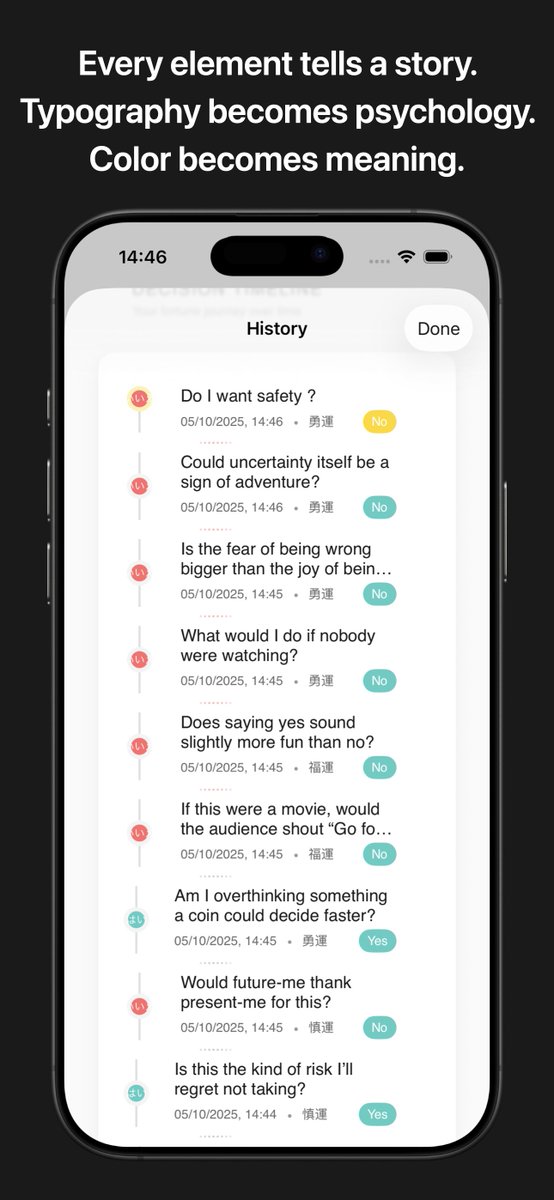 Pragmathema's tweet image. 運 (UN) doesn&apos;t just help you decide—it helps you understand HOW you decide.

Timeline visualization shows your decision patterns. Heat maps reveal your fortune journey.

apps.apple.com/gb/app/un/id67…

#OverEngineered #BehavioralDesign #ProductDevelopment
#DecisionMaking