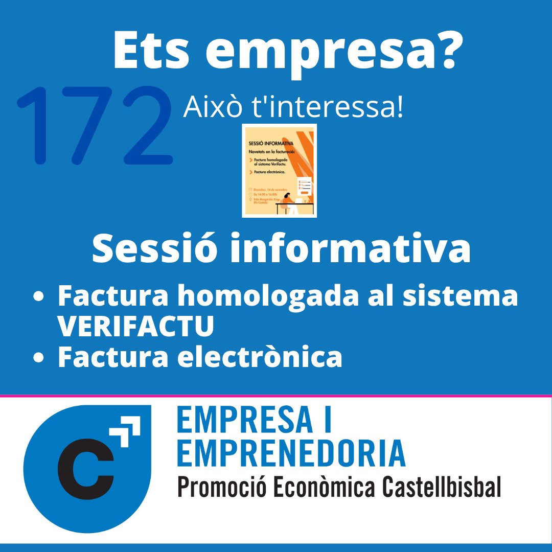 Sessió informativa:
-Factura homologada a la Llei antifrau i el sistema Verifactu.
-Factura electrònica obligatòria de la Llei Crea i Creix.
-Diferències entre la factura homologada i la factura electrònica.
🔗 forms.gle/sQ1r5TKQNgJUgS…
@cbcomerc #promocioeconomicacastellbisbal