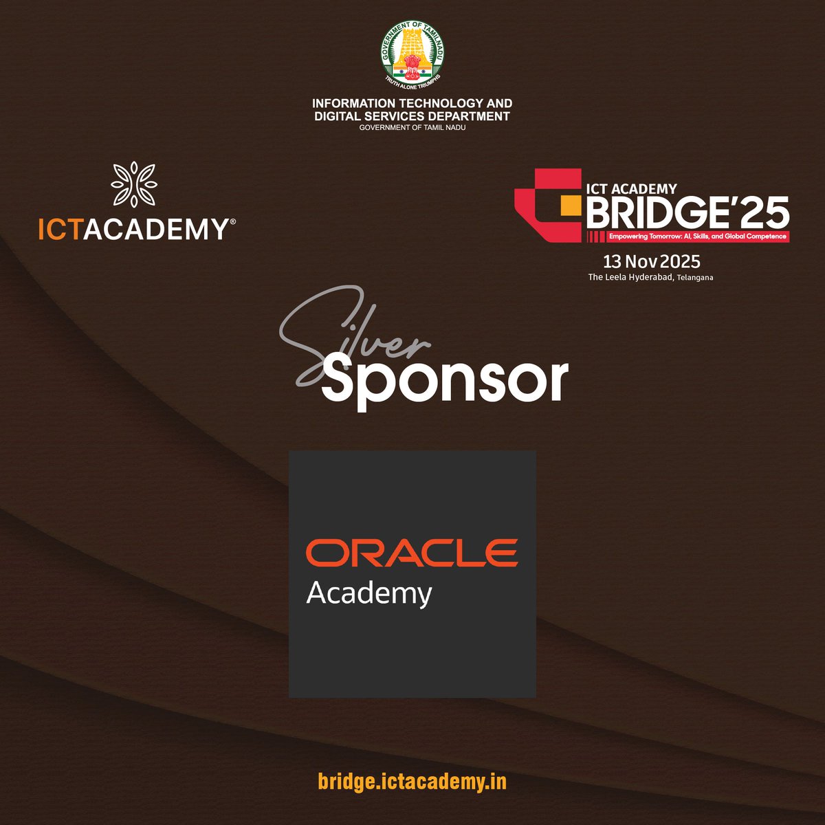 ictacademyindia's tweet image. ICT Academy is delighted to announce Oracle Academy as a Silver Sponsor for the 69th edition of ICT Academy BRIDGE in Hyderabad.

Date: 13 November 2025
Venue: The Leela, Hyderabad

Register at: bridge.ictacademy.in

#ICTAcademy #ICTBridge69 #ICTBridge2025 #ICTAcademyBridge…