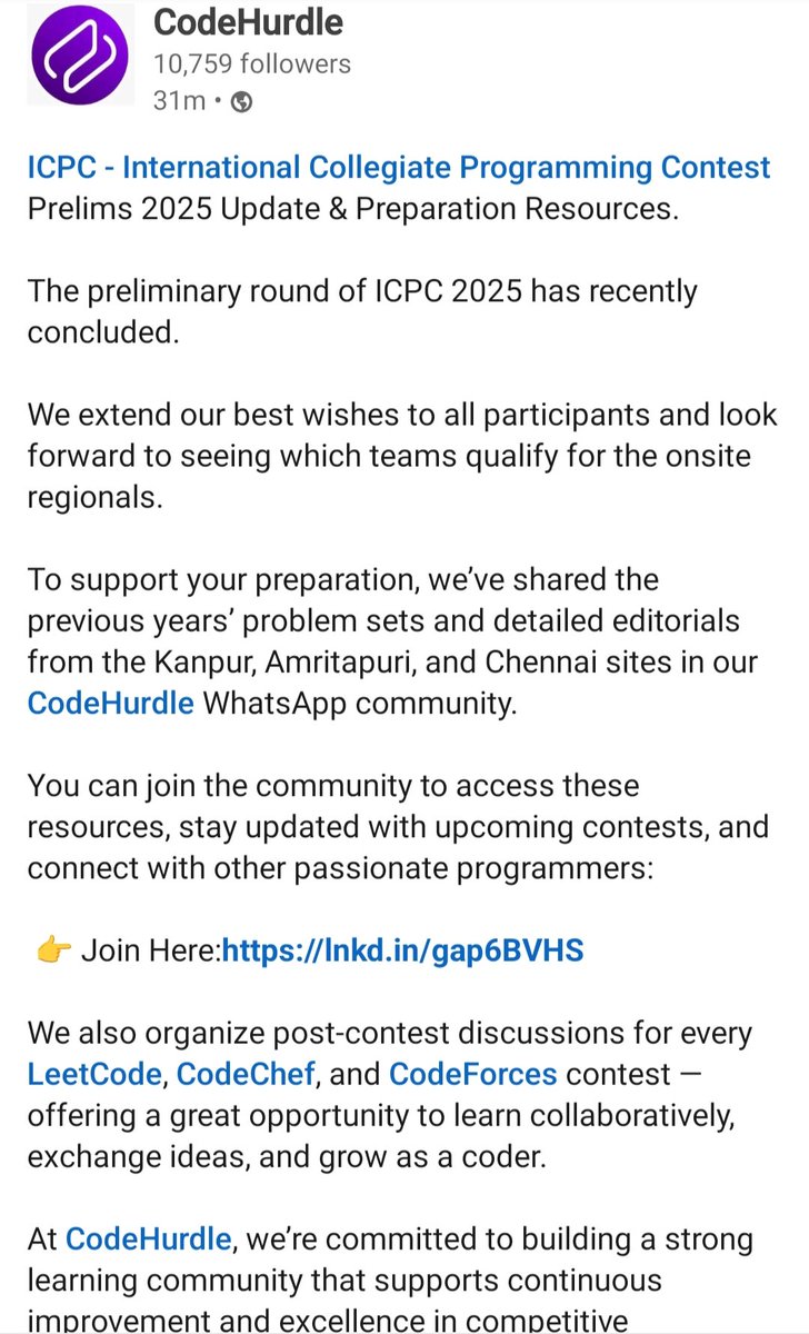 maheshgkp1505's tweet image. ICPC 2025 Prelims concluded.
Past problem sets and editorials are now available.
Join our WhatsApp community for resources and contest discussions:
lnkd.in/gap6BVHS

#ICPC2025 #CompetitiveProgramming
@codechef @codeforces @LeetCode