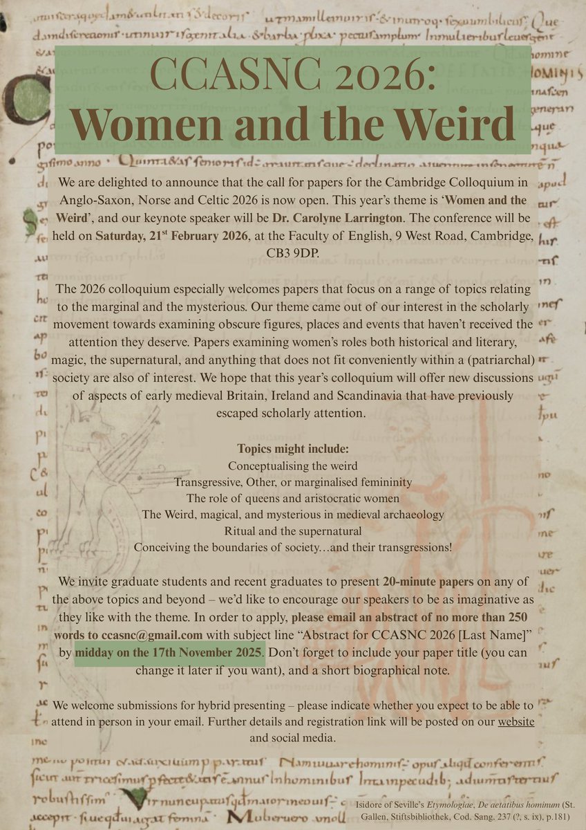 Calling all Celticists, students of Britain's medieval past, readers of Old Norse!
A reminder that the deadline to submit abstracts for CCASNC 2026 has been extended by one week! The updated deadline is 17 November