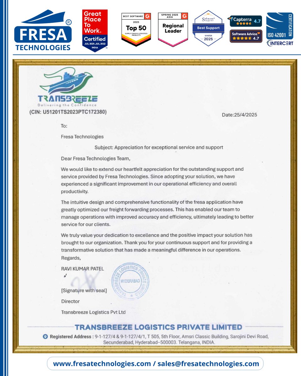 fresatechnology's tweet image. ✨We are deeply grateful to TRANSBREEZE LOGISTICS PRIVATE LIMITED  for their kind appreciation letter.

For more 👇fresatechnologies.com/clients-feedba…

Check Out Our Achievements!🏆
fresatechnologies.com/awards/

#FresaTechnologies #FreightSolutions #FreightForwarding #CustomerSatisfaction