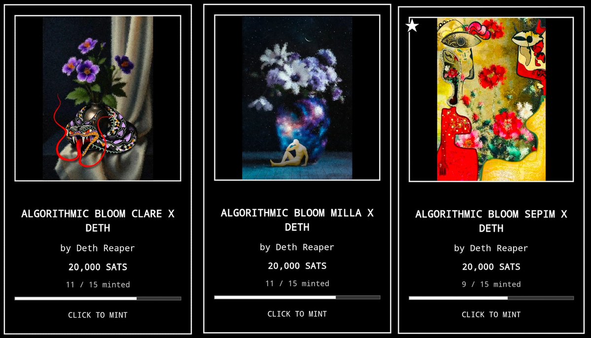 gm AOB 💐 

A little recap on what is available from the Algorithmic Bloom series.

Left to right 💐 

<a href="/ClareVon666/">C L A R E 🖤V O N 🖤S A V A G E</a> x Deth
Last 4 left

<a href="/millasi_/">Milla Si</a> x Deth
Last 4 left

<a href="/sepim_art/">Sepim_art</a> x Deth 
Last 6 left

20k sats each

Link to grab these awesome artworks in thread below 🧵👇