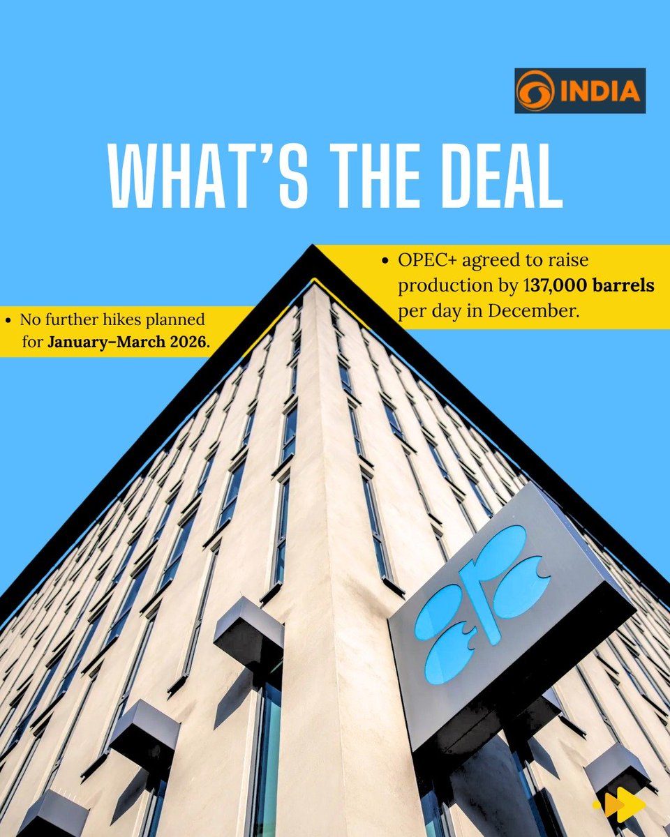 DDIndialive's tweet image. OPEC+ takes a careful step, a small output rise for December followed by a pause ahead. As demand slows and sanctions bite, the group is betting on stability over speed.

#OPECplus #OilMarkets #EnergyNews #CrudeOil #OilStrategy #GlobalEconomy