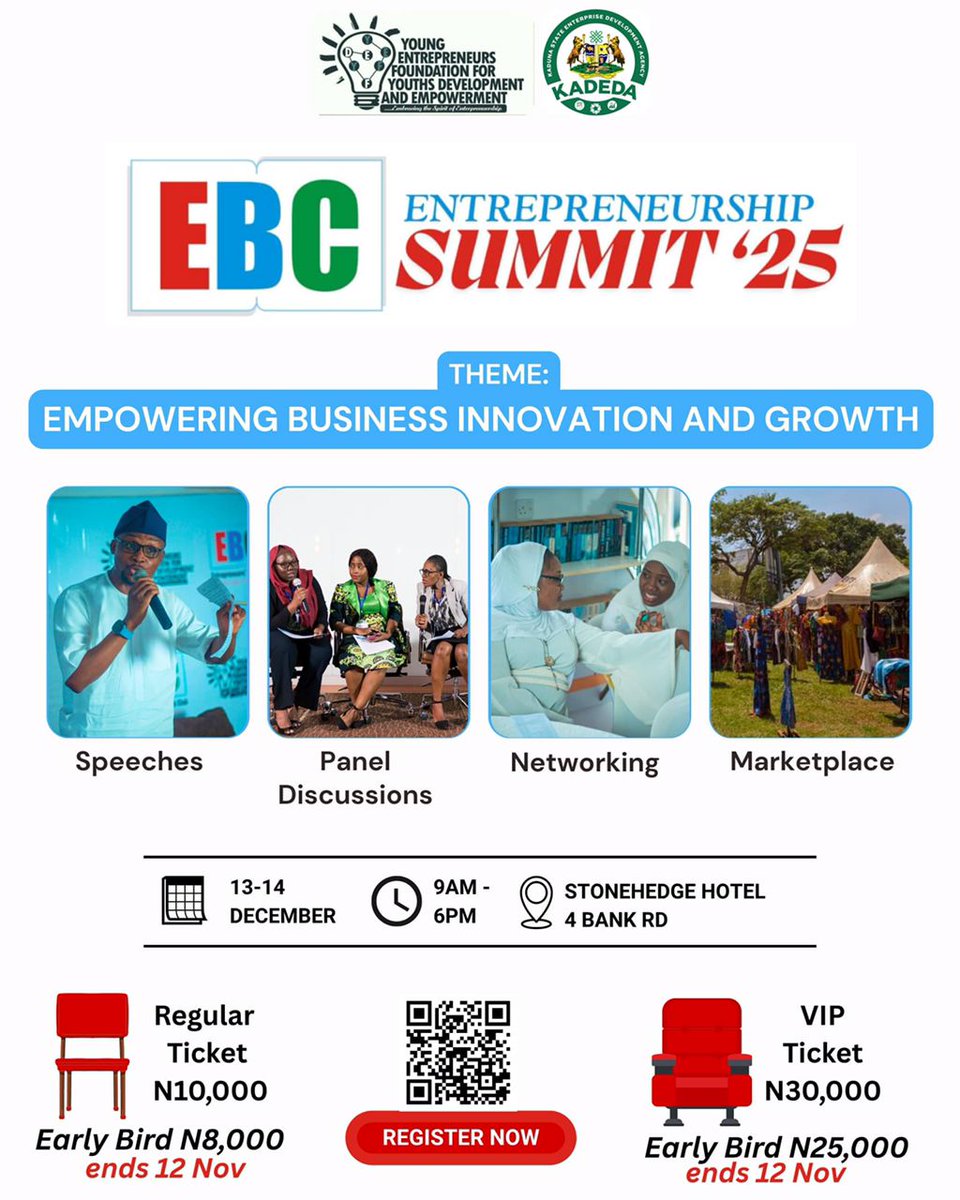 ebc_ng's tweet photo. 🚀 Kaduna, Are You Ready? The EBC Entrepreneurship Summit ’25 is Here!

Two days. Limitless energy. Bold conversations. Real opportunities.This is where business meets creativity and dreamers become doers!

🗓 Dec 13–14, 2025
🕘 9:00 AM – 6:00 PM
📍 Stonehedge Hotel, Kaduna https://t.co/1V2mXTcajw
