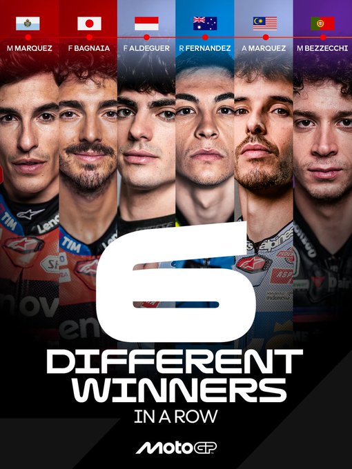 Flags from Argentina Japan Indonesia Australia Malaysia and Italy are displayed at the top. Below them are headshots of five male MotoGP riders in racing suits: Marc Marquez with curly hair Fabio Quartararo with straight hair Raul Fernandez with short hair Alex Marquez with neat hair and Marco Bezzecchi with longer hair. A large number 6 is centered in blue. Text reads Different Winners in a Row. MotoGP logo is at the bottom.
