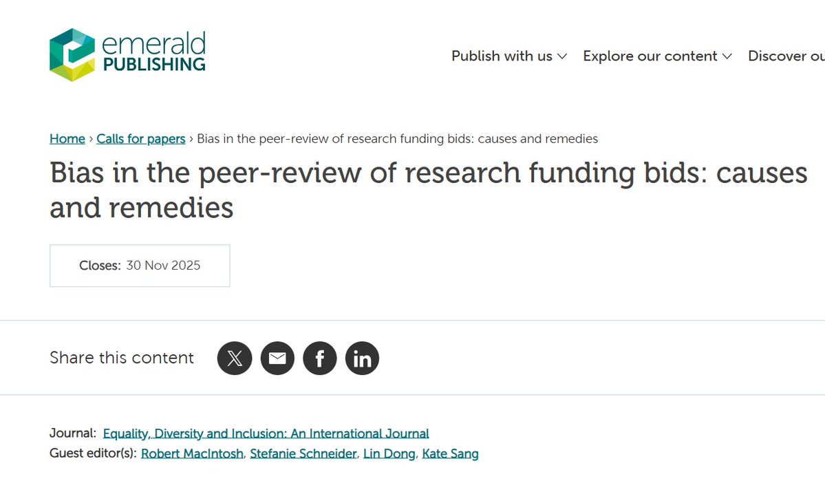 Not long to go!⏲️Reminder of our #CfP here <a href="/EDI_Journal/">EDI Journal</a>. 

#Bias in the Peer #Review of Research #Funding Bids: Causes and Remedies.  Guest eds: <a href="/Rob_MacIntosh/">Robert MacIntosh</a>, Stephanie Schneider, @LinDong &amp; <a href="/katesang/">Kate Sang 🐘🐝</a>

Deadline: 30 Nov 2025

More info here: emeraldgrouppublishing.com/calls-for-pape…
