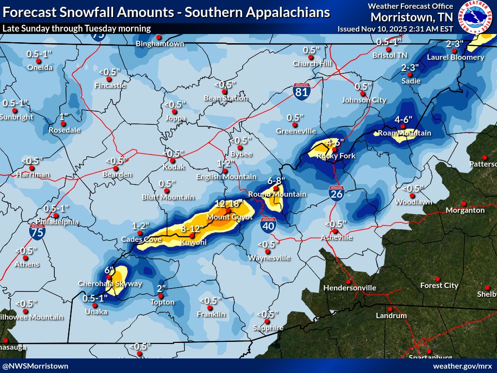 NWSMorristown's tweet photo. 4:45 AM EST: The latest total snowfall forecast this morning. Development of convective snow showers, may enhance accumulations in some places due to thin banding of the precipitation. Pinpointing amounts for the lower elevations &amp; valley because of this fact, will be difficult. https://t.co/NAr3dQm2Hn