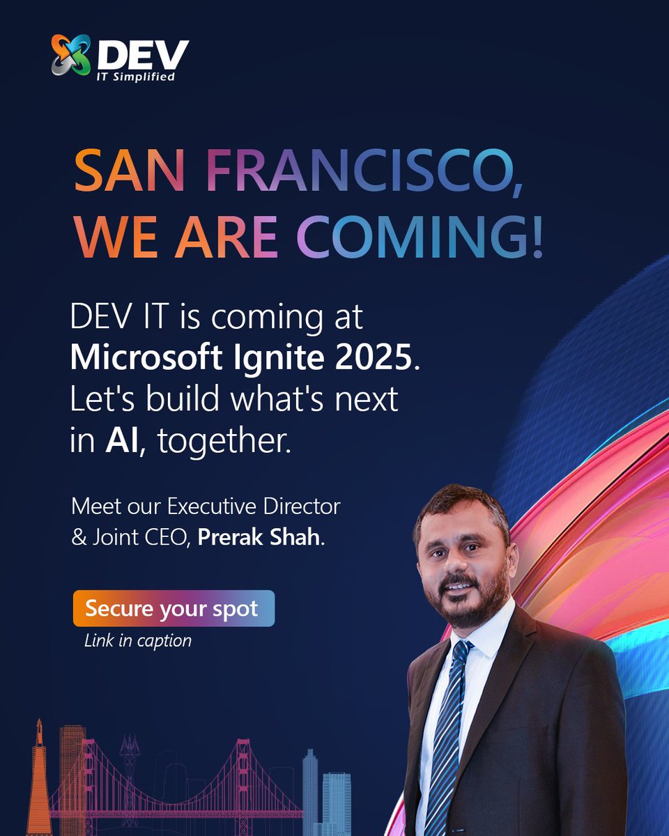 DEVITPL's tweet image. Got big ideas about AI? So do we!
We&apos;re at #MicrosoftIgnite 2025. Let&apos;s connect them over a coffee chat with our CEO, Prerak Shah.
Book a time to build what&apos;s next, together.
👉 Book your meeting: calendly.com/devitpl

#DEVIT #MSIgnite #AI #Tech #Innovation