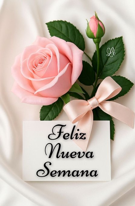 Pink rose flower with green leaves and stem placed on white fabric, a small pink ribbon bow tied to the stem, and a white card attached with elegant black cursive text reading Feliz Nueva Semana.