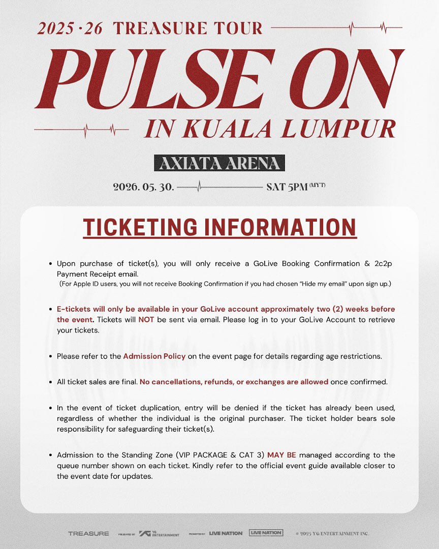 [INFO] 2025-26 TREASURE TOUR [PULSE ON] IN KUALA LUMPUR - Ticketing Information

🎟️: golive-asia.com/event-detail/1…

#TREASURE #트레저 #PULSE_ON #TREASUREinKL #PULSE_ON_IN_KL #PULSEONinKL