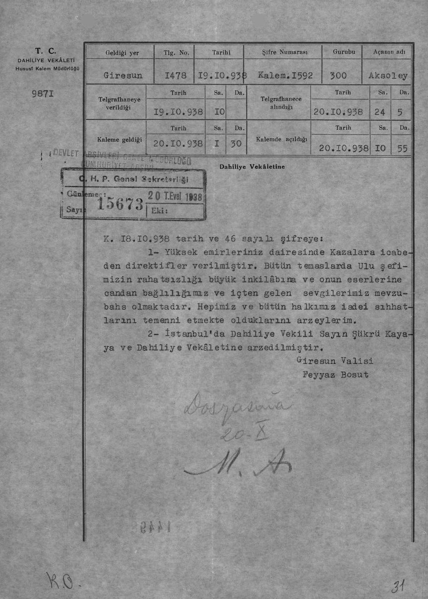 Atatürk'ün sağlık durumuna dair olumsuz haberler geldikçe toplumdaki endişe hali yatıştırılmaya çalışılıyordu.Şükrü Kaya acil koduyla valiliklere bir şifre gönderdi.Gelen cevaplar,Atatürk'ün devrim fikrinin kendisi olduğunu gösteriyordu.Atatürk bir fikirdir ve fikirler ölmez.