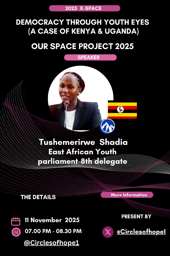 Let's join the conversation.
Democracy through youth eyes, you never want to miss

<a href="/Circlesofhope1/">Circles of Hope</a> 
Do not miss this power house!

<a href="/TushemeririweK/">Tushemerirwe Shadia</a> <a href="/kiragu_job/">Job Kiragu Muriithi</a>
