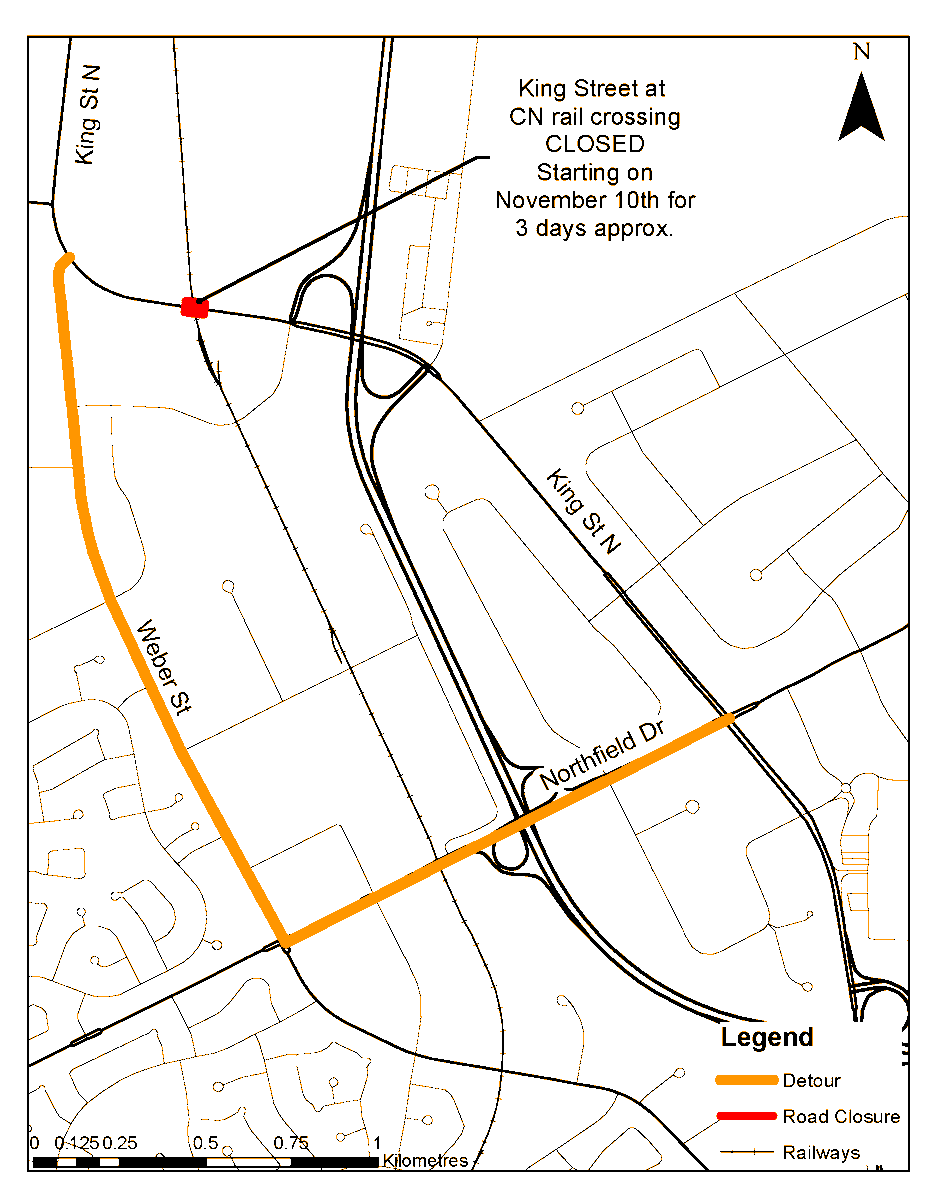 You have a closure to watch for in St. Jacobs, beginning today. 

King Street North is closed at the CN rail crossing between Weber Street North and Farmers Market Road for the next three days for asphalt repaving. 

📷: <a href="/RegionWaterloo/">Region of Waterloo</a>