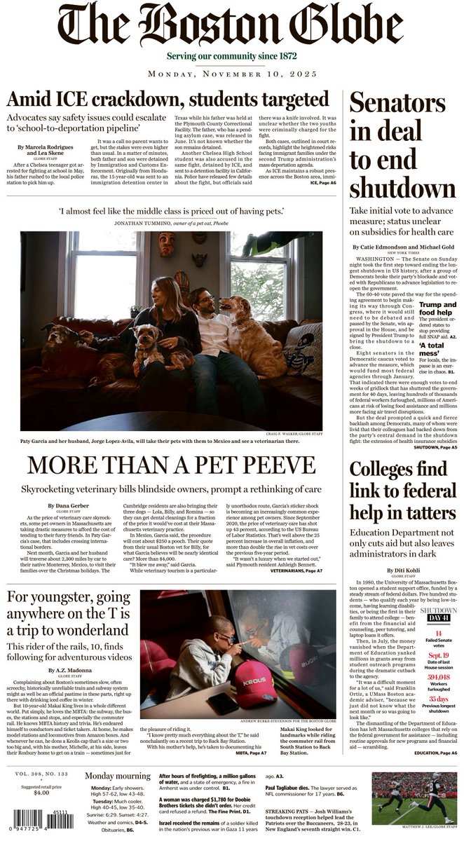 BostonGlobe's tweet photo. In today's paper: For this MBTA-loving youngster, all trains go to Wonderland; ‘It blew me away’: Skyrocketing veterinary bills are hitting Massachusetts pet parents hard; and more. https://t.co/nOLES1UaHd https://t.co/4GdUKRbb6E