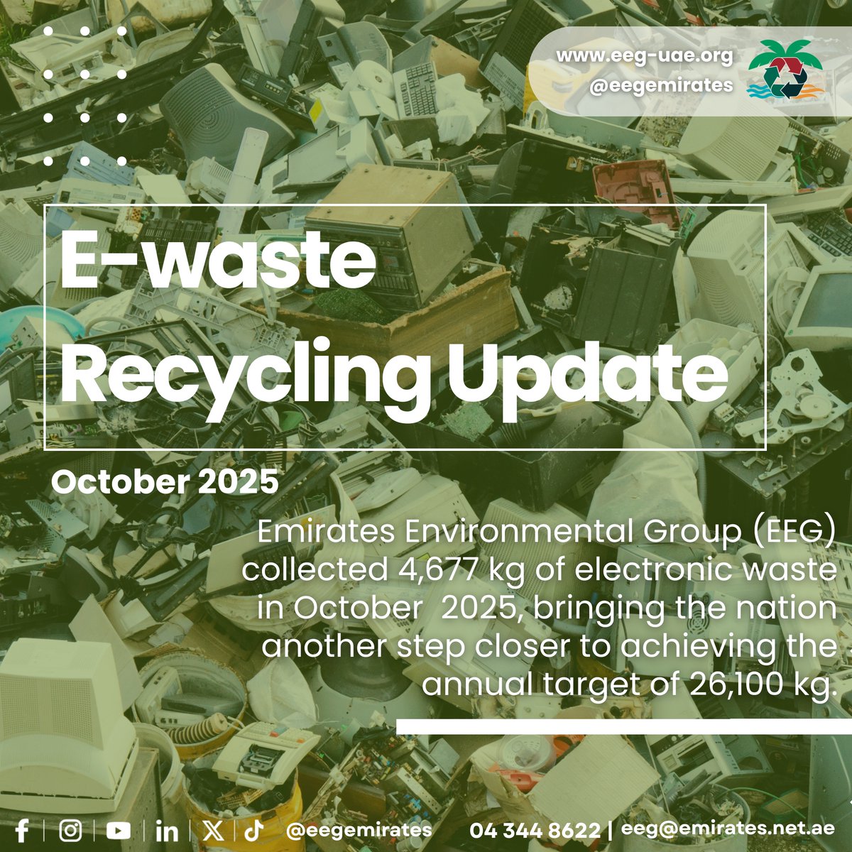 EEG collected 4,677 kg of e-waste in October 2025, reaching 67% of its annual target of 26,100 kg! 

Top Collectors:
Ammar Simab – 170 kg
The Cove Rotana RAK – 1,510 kg
City University College Ajman – 54 kg

Let’s keep driving UAE’s e-waste recycling goals!
eeg@emirates.net.ae