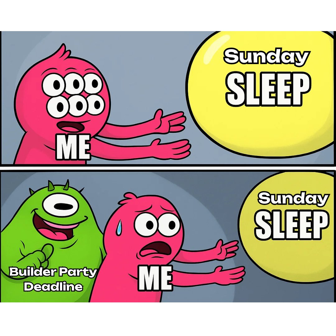 openguildwtf's tweet image. ⏳ 1 week left to submit your @Polkadot Builder Party hackathon project.

Day 1 me: “I still have time.”
Me on Sunday before the deadline: 🥱💻💻💻

👉 If you haven’t registered yet (yes, you), there’s still time to join the chaos: polkadot.devpost.com