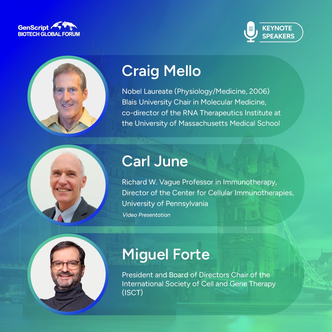 GenScript's tweet image. 🚀 Last Call!
Meet Nobel Laureate Craig Mello and CGT leaders at GenScript Biotech Global Forum London 2025, happening Nov 20.
Agenda 👉 bit.ly/4nppSnt 
Register 👉 bit.ly/3JOH2vZ 
Free pass code GSSM (Valid till Nov. 15.)
⏰ Don’t wait — seats are filling fast!