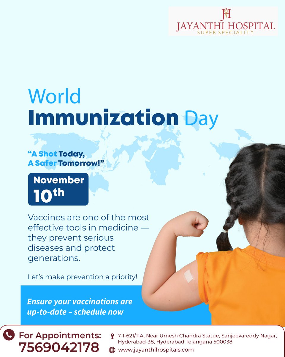 JayanthiHsptls's tweet image. This World Immunization Day, let’s protect our future by protecting our health. Vaccines save lives by preventing serious diseases. At Jayanthi Hospitals, we emphasize timely immunizations to keep families healthy.
#WorldImmunizationDay #VaccinesSaveLives #PreventiveCare