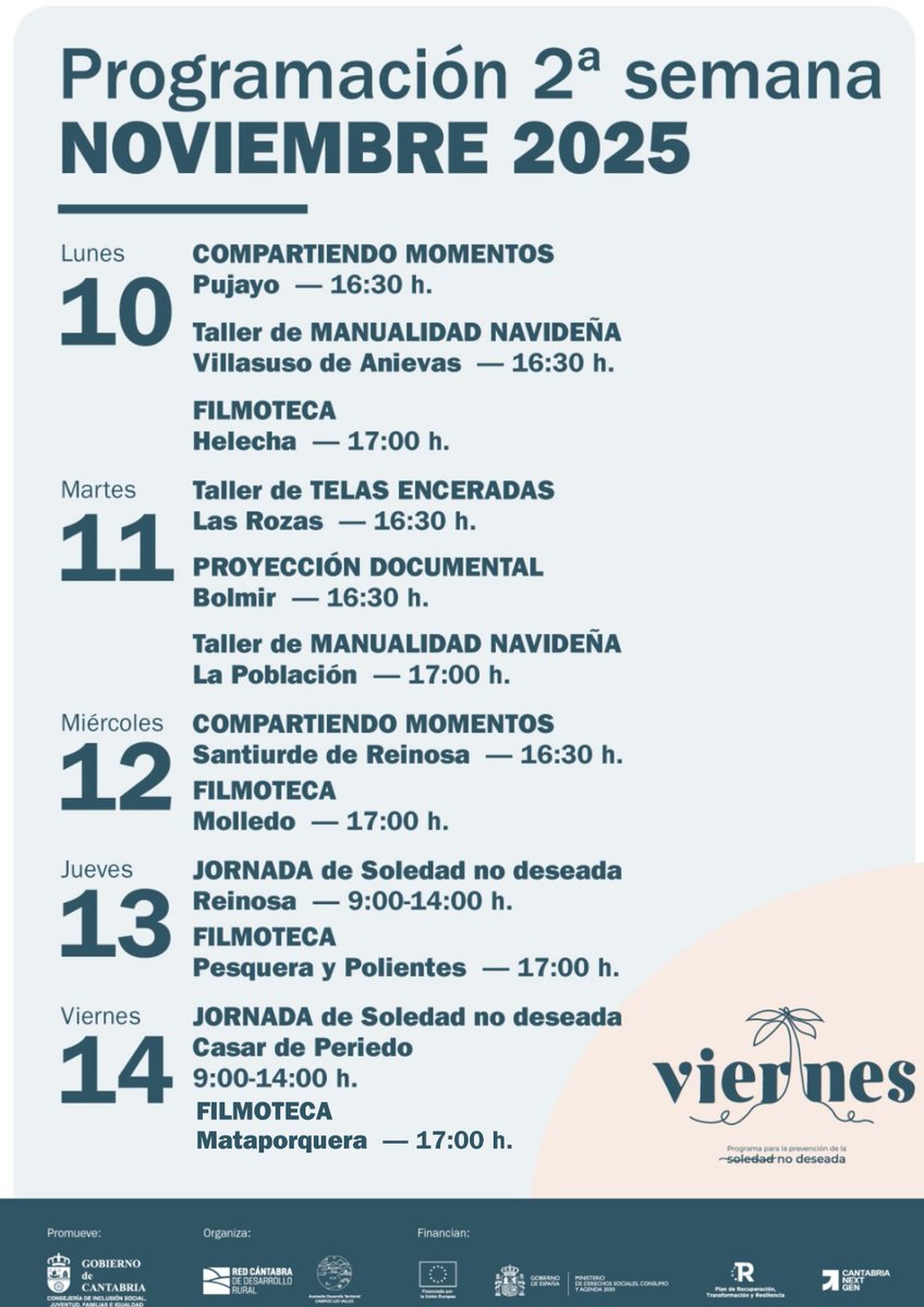 ProgramaViernes's tweet image. Programación #Viernes del 10 al 14 de noviembre. Más información en programaviernes.com y consultas en el 772 142 973 y en el 623 259 382. #SoledadNoDeseada #Prevención #Programación #Comunidad #CampooLosValles #SajaNansa #Cantabria #NextGeneration #FondosEuropeos