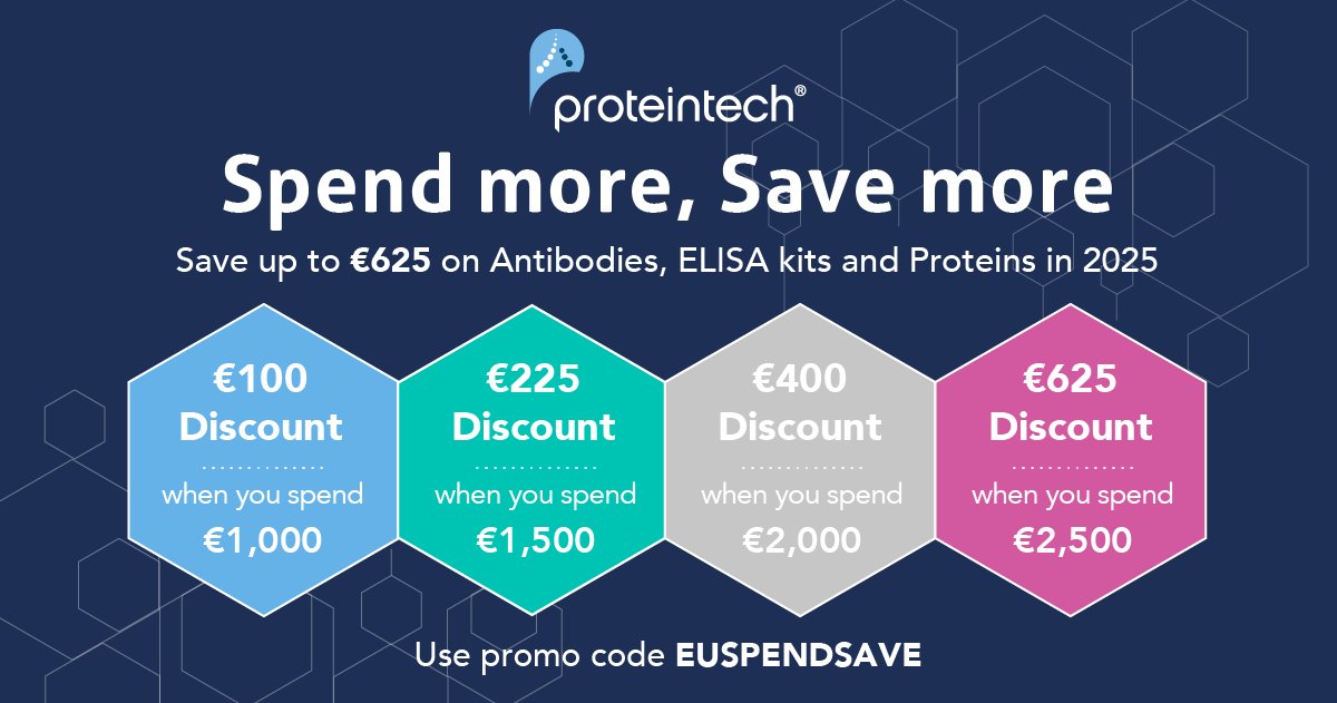 Proteintech's tweet image. Last chance to save!
Proteintech’s Spend More, Save More promo ends soon. Save up to €625 on antibodies, ELISA kits, nanobody reagents &amp;amp; more.

Valid till Nov 30 (T&amp;amp;Cs apply)
Use code EUSPENDSAVE at checkout

🔗 ow.ly/w3AS50XpaEF
#Proteintech #SpendMoreSaveMore