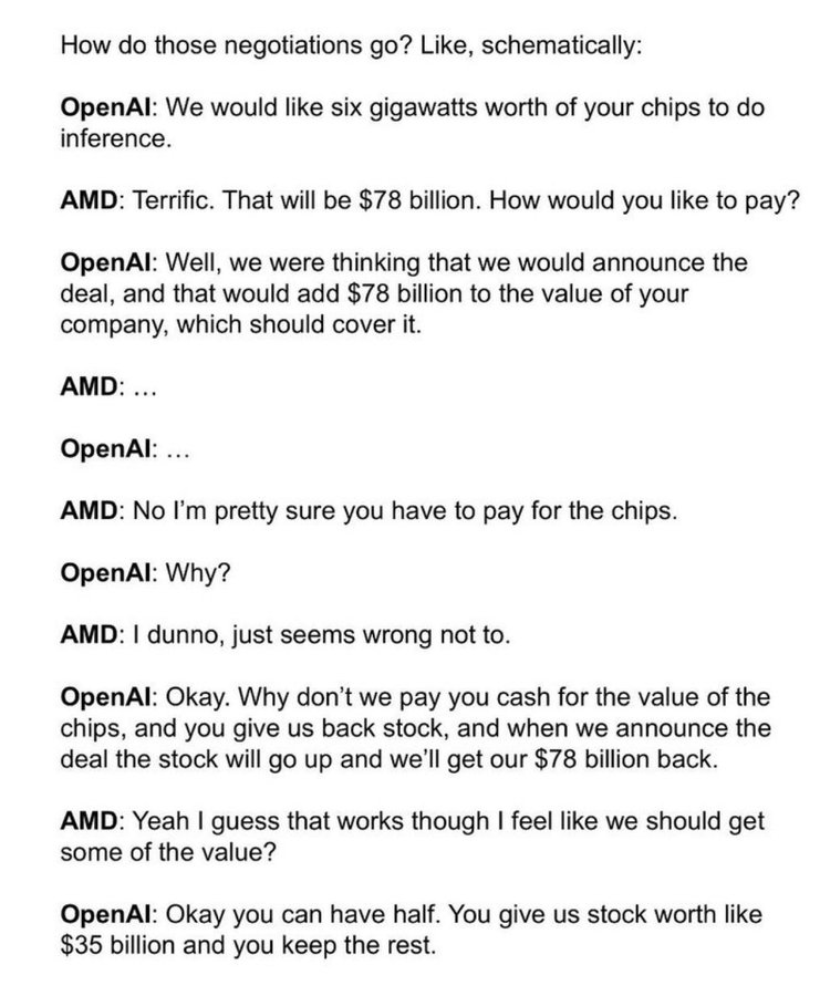 AI is revolutionary, but certain deal structures create risky financial loops that could tank the economy.

• Companies buy resources with cash.

• Part of the payment comes as stock.

• A major announcement drives the stock price up.

• The stock surge effectively reimburses