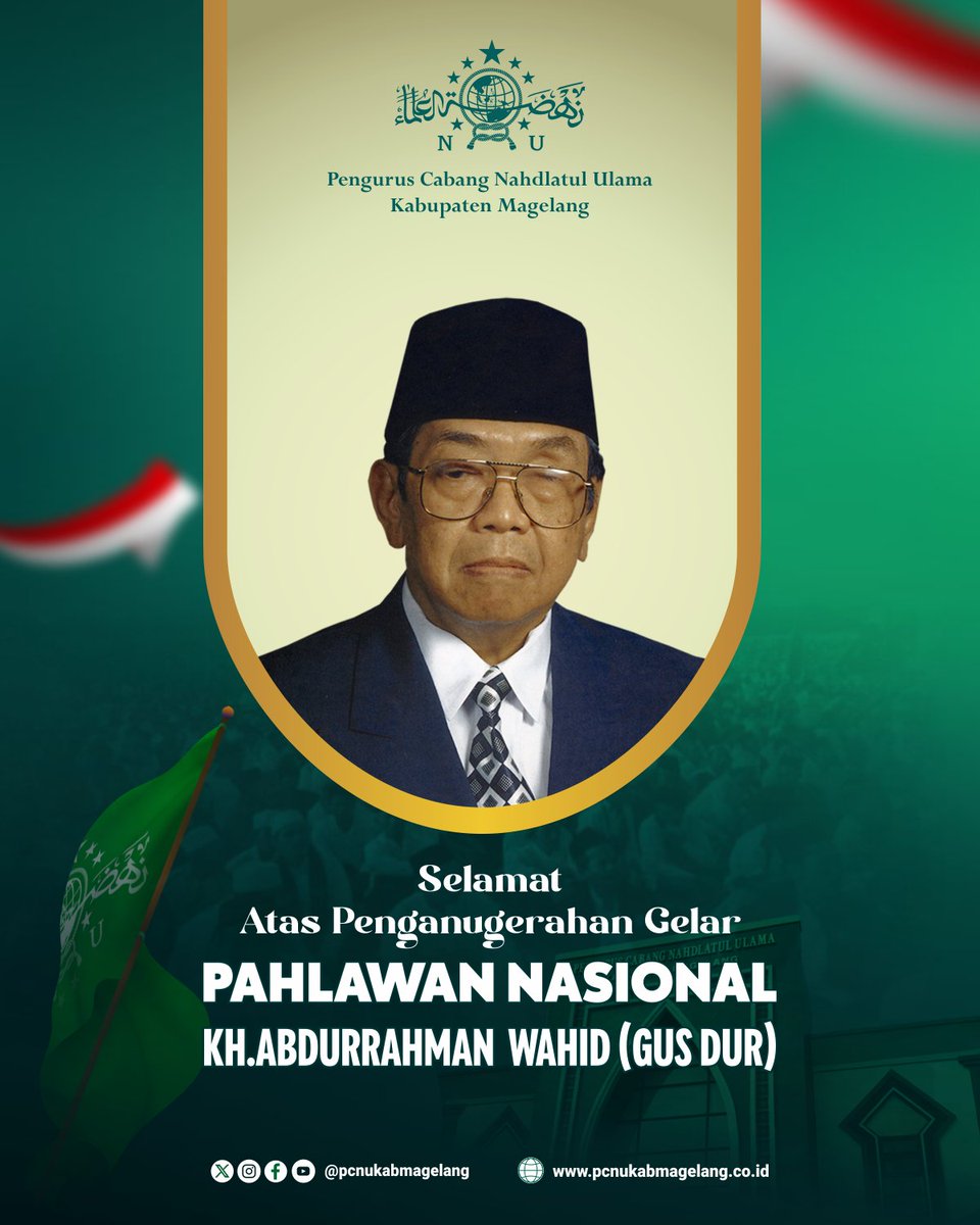 Segenap Keluarga Besar PCNU Kab Magelang Mengucapkan Selamat atas Penganugerahan Gelar Pahlawan Nasional untuk Almarhum KH Abdurrahman Wahid (Gus Dur).

Pahlawan dalam Bidang Perjuangan Politik dan Pendidikan Islam. 

#pcnukabmagelang
#pahlawannasional
#khabdurrahmanwahid
#gusdur