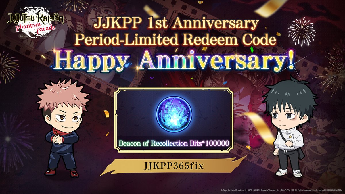 ◤#JujutsuKaisenPhantomParade◢
＼First Anniversary Celebration exclusive Serial Code ③ Revealed!／

The First Anniversary Celebration is now live! Thank you all for your support!
We will be releasing six Serial Codes between November 8 and November 13!
We appreciate your