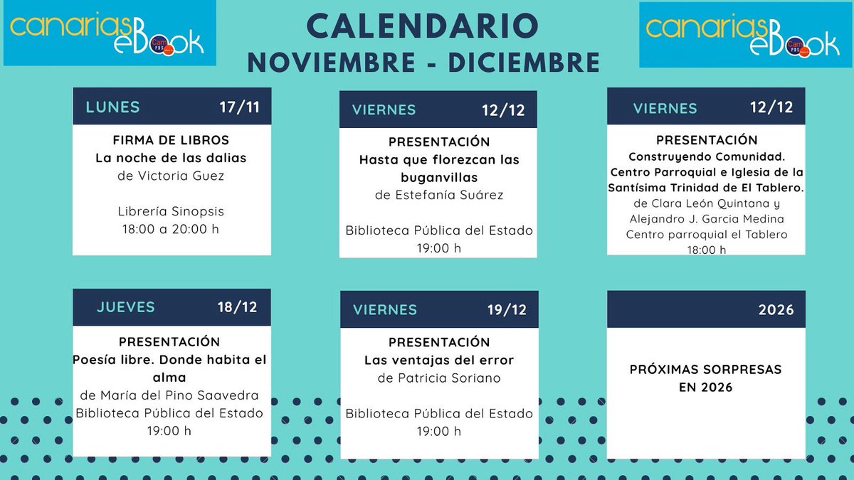 ACTUALIZAMOS CALENDARIO

En las próximas semanas tenemos nuevas firmas y presentaciones de libros. Aquí tienen la agenda puesta al día.

#LibrosCanariaseBook #PresentacionesCanariaseBook #FirmasCanariaseBook #LeerCanarias #EditorialCanaria #EditarenCanarias #EditorialesCanarias
