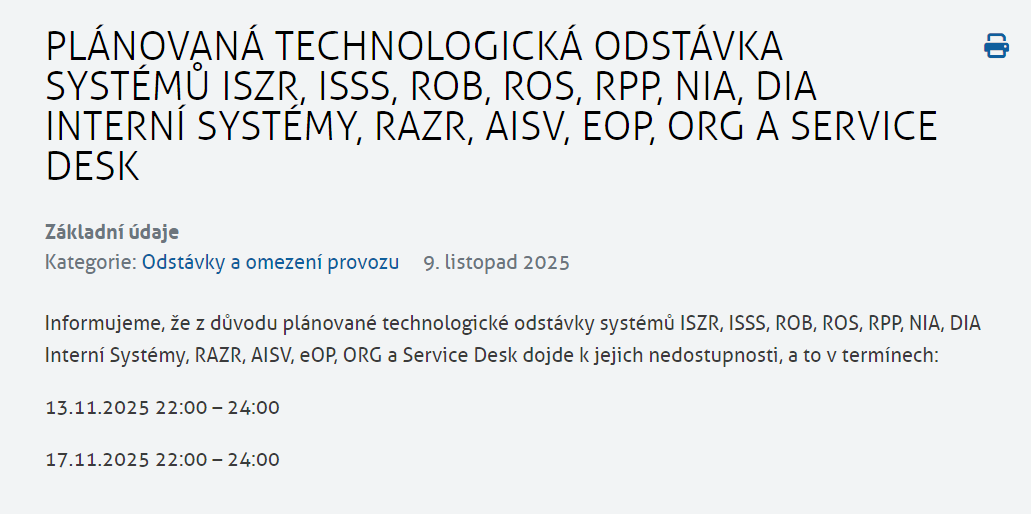 KamilZm's tweet image. Kompletní odstávka základních registrů, NIA apod. Prakticky vše.
13.11.2025 22:00 – 24:00
17.11.2025 22:00 – 24:00
Přemýšlím, proč vůbec DIA vydává nějaká pravidla pro odstávky systémů základních registrů, když na ně sama zvysoka dlabe.