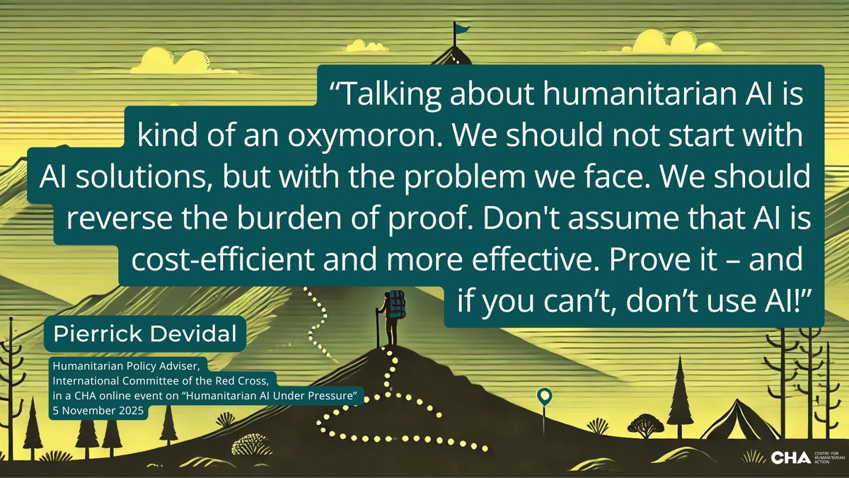 cha_germany's tweet image. If you can't prove that AI is cost-efficient and more effective - don't use it! Pierrick Devidal, ICRC, at the CHA #OutOfTheBox webinar on #HumanitarianAI last week. Watch the recording here: ow.ly/BhbL50XofmT