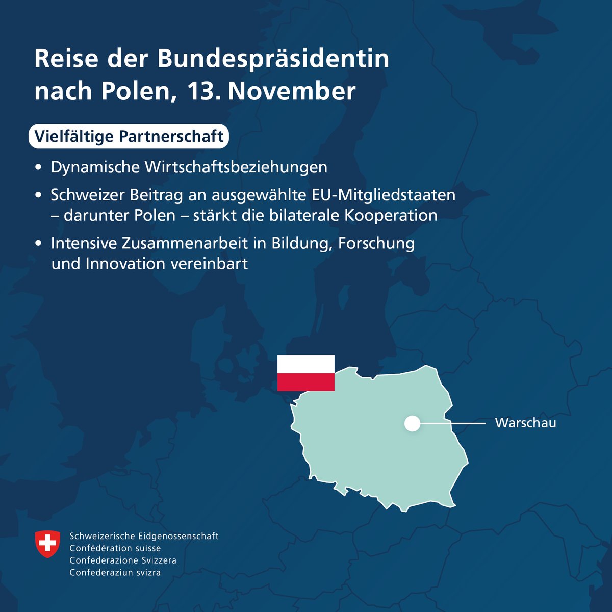 BR_Sprecher's tweet image. #BundespräsidentinCH @keller_sutter reist nach Polen. In Warschau trifft sie Präsident @NawrockiKn und Premier @donaldtusk. Themen sind neben den bilateralen Beziehungen vor allem die wirtschafts- und sicherheitspolitischen Herausforderungen für Europa: 
news.admin.ch/de/newnsb/rsea…
