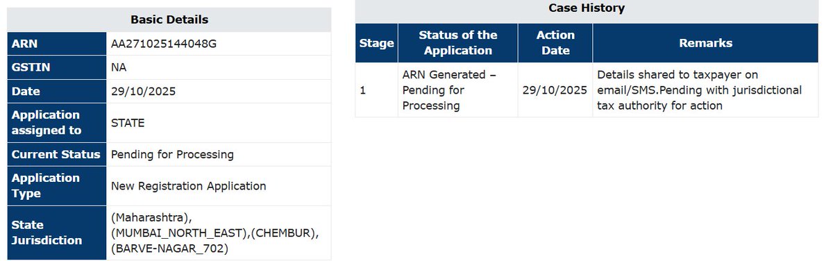 singhkk258's tweet photo. Applied for GST registration on 29/10/2025, but it’s still pending with the jurisdictional tax authority. Kindly expedite the verification process.
 ARN: AA271025144048G
@Infosys_GSTN
@GST_Council https://t.co/QwwM0lcyKU