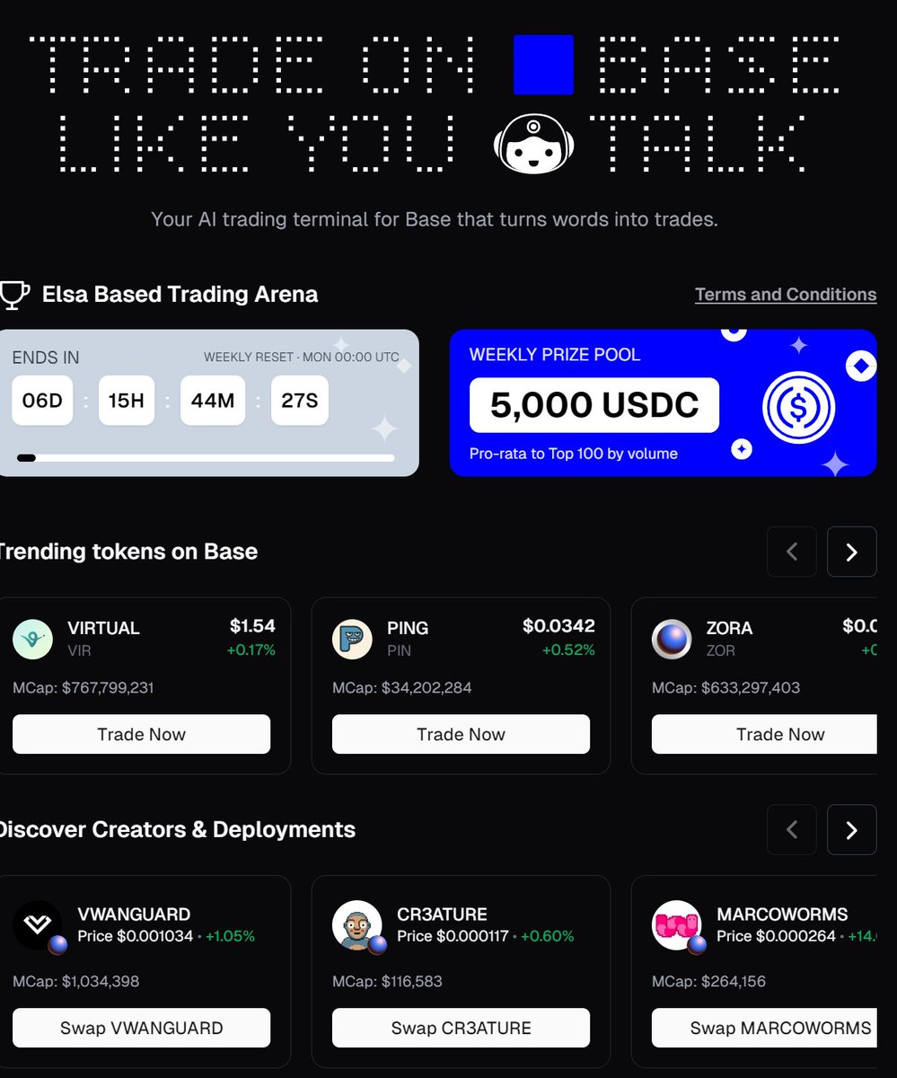 Kitnikit's tweet image. Did you notice the new trading arena on @HeyElsaAI?
weekly prize pool of $5000 for the top traders
powered by $BASE and @wallchain leadboard 
now you can enjoy not only swaps 
you can trade, earn EP and enjoy smooth ai help 
simple, smart and built for real web3 users