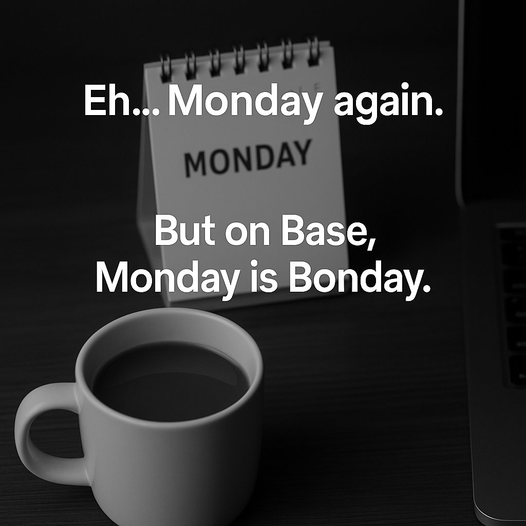 Base_monday's tweet photo. Monday again.
Coffee helps a little.
$BONDAY helps more. #Bonday #basememe #base https://t.co/L7bERGWg09