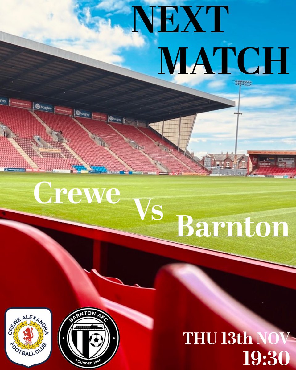 Next up is an away day 🛣️

📓 | Thu 13th Nov (AWAY)
🏆 | Cheshire Senior Cup 
🆚️ | <a href="/crewealexfc/">Crewe Alexandra</a> 
🕢 | 19:30 k/o
🏟️ | Mornflake Stadium
📍 | CW2 6EB
💵 | Adults £5 | Concessions £3 | U16 £3

#UTV #Bianconeri #FinoAllaFine
