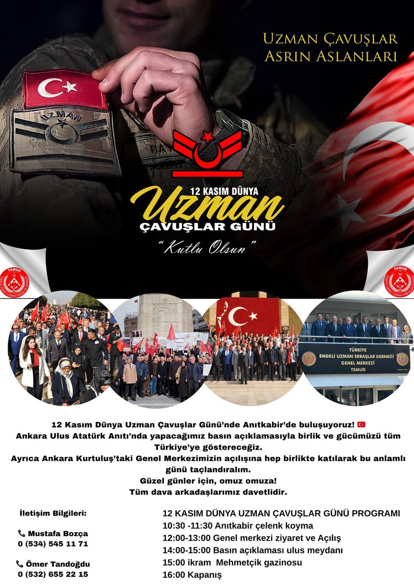 12 Kasım Dünya Uzman Çavuşlar Günü’nde, milletimizin bağımsızlık sembolü olan Anıtkabir’de bir araya geliyoruz.
Vatan sevgisini yüreğinde taşıyan, görevini fedakarlıkla yerine getiren tüm Uzman Çavuşlarımızın birlik ve dayanışma günü olan bu anlamlı günde; Ankara Ulus Atatürk