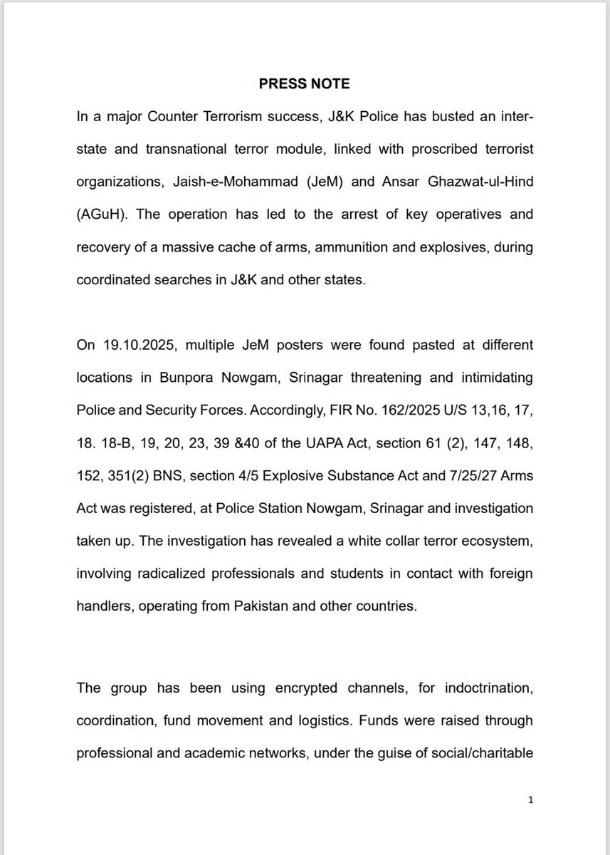 mkyindian's tweet image. Jammu and Kashmir Police issued a press note after busting an inter-state and transnational terror module, linked with proscribed terrorist organizations, Jaish-e-Mohammad (JeM) and Ansar Ghazwat-ul-Hind (AGuH)

#JammuAndKashmirPolice #TerrorModuleBusted #Jihadists