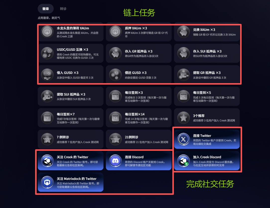 最近只要一提测试网，群友们聊天的含妈量就会直线飙升..😆😆monad的阴影算是挥之不去了
🟥SUI链黄金 RWAfi 协议Creek Finance <a href="/creekfinance/">Creek | Testnet Live</a>
比较早期，可以0成本参与，官推有明确说是激励测试网。
CreekFinance是25年Sui_CN黑客松大赛的第一名。